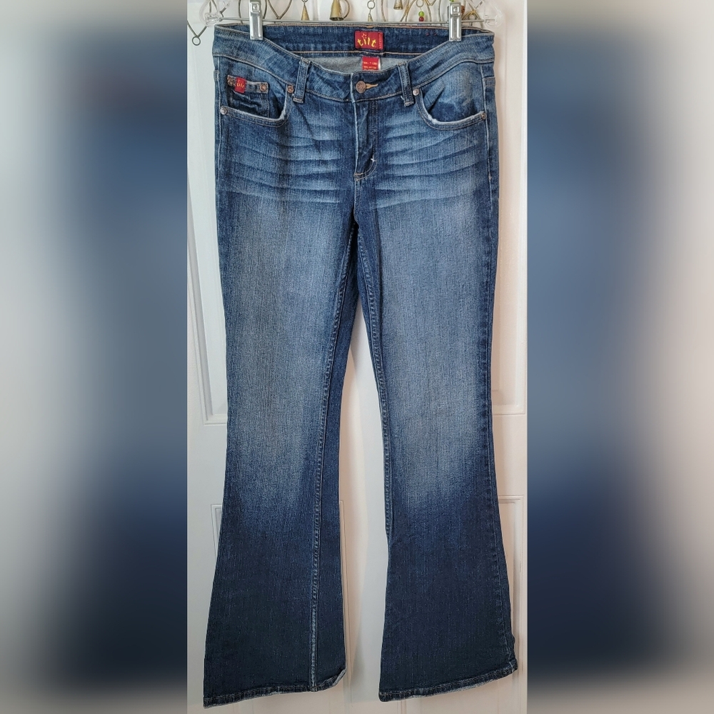 Y2K Vint TILT Low Rise Flare Jeans Juniors 7 Long Medium-Dark Wash Light Stretch